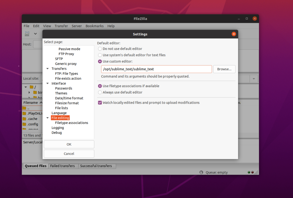 Configure file editing tools in FileZilla