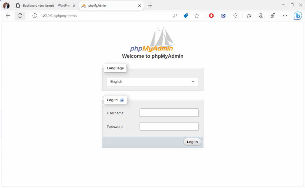 The phpMyAdmin interface after successful installation