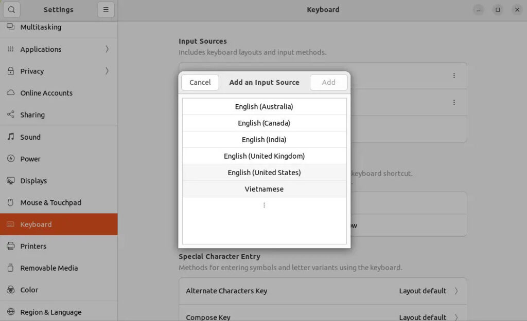 Add Vietnamese input language in settings