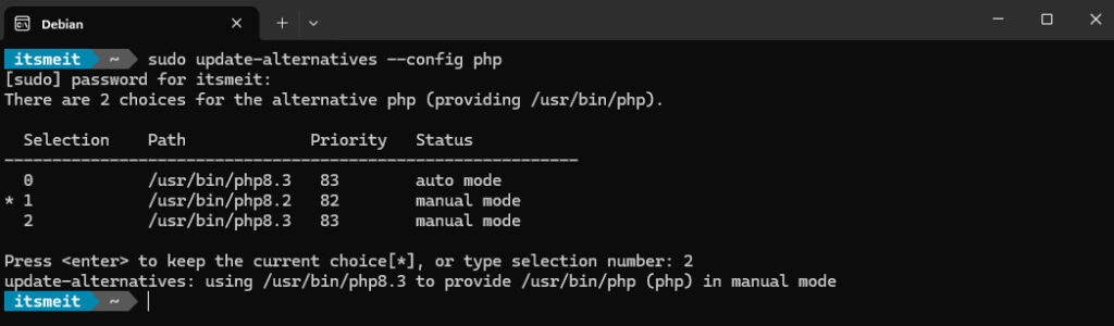 Select the default PHP version