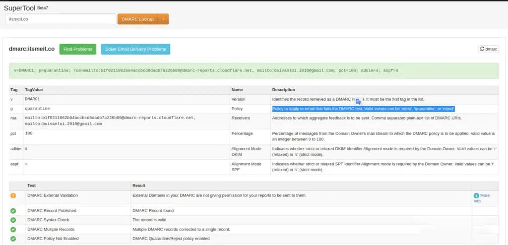 Check and verify the DMARC record using MXToolbox