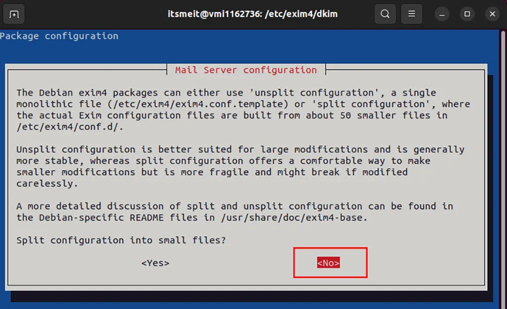 Select No for the Split configuration