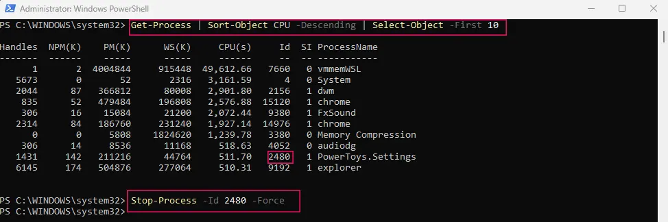 Stop Process using powershell windows
