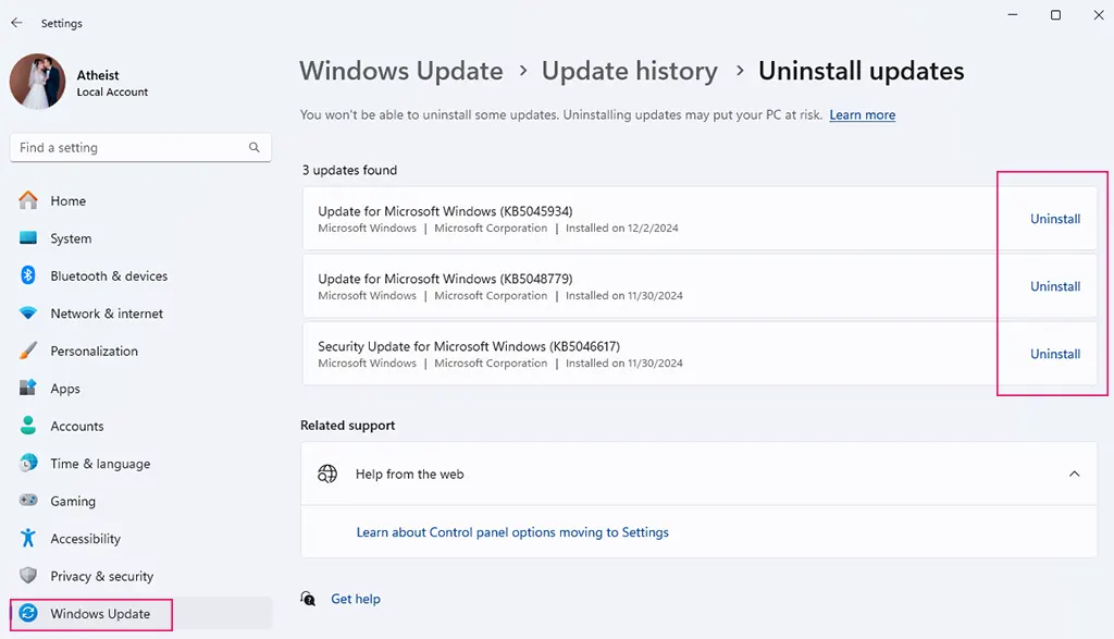 Uninstall Update Windows 11