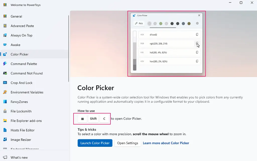 PowerToys color picker shortcut