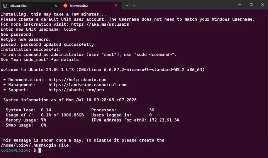 Screenshot showing Ubuntu 24.04 successfully installed on WSL 2